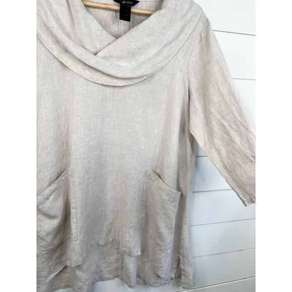 Ali Miles Cowl Neck 3/4 Sleeve Linen Top Oversized with Pockets Beige Size M - Picture 5 of 13